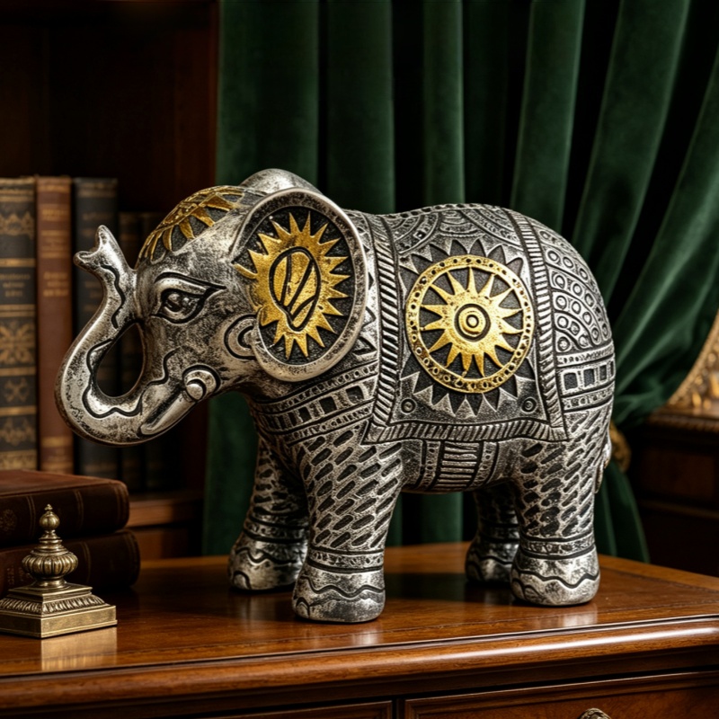 Abstract Sculpture Resin - Statue d'éléphant à motif soleil bohème,